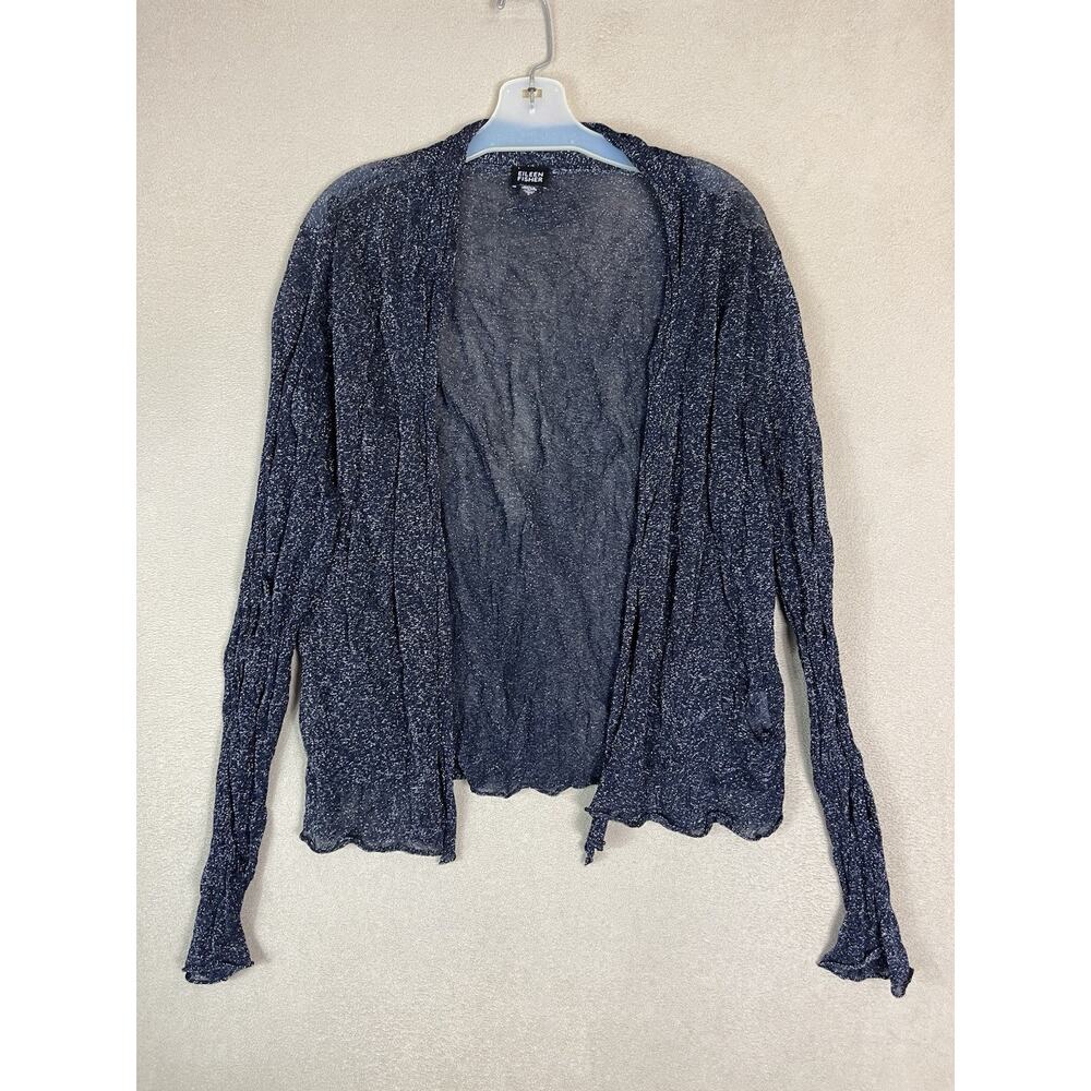 Eileen Fisher Cardigan Womens L Black Open Front Long Sleeve Tinsel Crinkle
